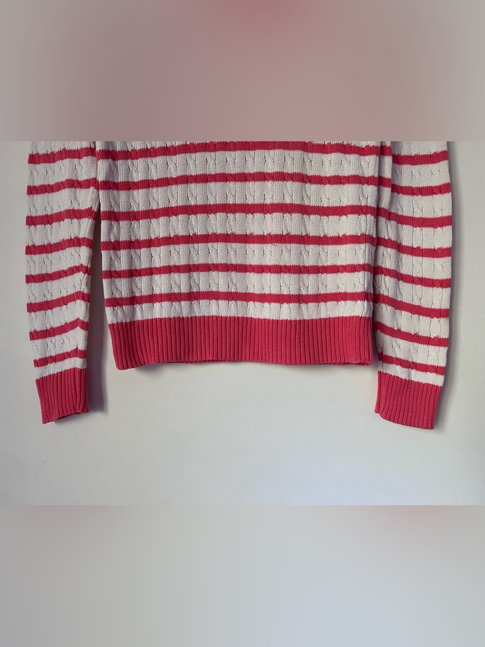 Lilly Pulitzer Pink & White Striped Cable Knit Cotton Sweater Palm Tree Logo L - Picture 9 of 9